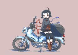 1girl ahoge akio_(akio024) alternate_costume asymmetrical_wings bag black_hair black_hoodie blue_wings blush boots brown_boots brown_eyes casual commentary_request contemporary fang full_body highres honda hood hoodie houjuu_nue knee_guards long_sleeves motor_vehicle motorcycle neck_ribbon red_background red_ribbon red_wings ribbon short_hair simple_background sitting skin_fang smile solo spiral touhou vehicle_name wings