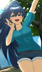 1girl absurdres ahoge antenna_hair aqua_eyes aqua_shirt arm_up artist_request black_hair blush breasts collarbone day denim denim_shorts earrings fang female_focus ganaha_hibiki hair_between_eyes hair_ornament hair_scrunchie hand_up happy high_ponytail highres hoop_earrings idolmaster idolmaster_(classic) jewelry legs_together long_hair looking_at_viewer medium_breasts namco neck open_mouth outdoors ponytail scrunchie shirt short_shorts short_sleeves shorts sidelocks sky standing thighs tree wide_ponytail