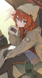 1girl absurdres beanie black_pantyhose blue_archive blue_eyes blush braid brown_vest collared_shirt commentary_request commission cup foam_mustache grey_hat grey_jacket grey_shorts hair_between_eyes halo hat highres holding holding_cup hood hood_down hooded_jacket jacket korean_commentary long_hair long_sleeves looking_at_viewer maki_(blue_archive) maki_(camp)_(blue_archive) ningen_mame official_alternate_costume official_alternate_hairstyle open_clothes open_jacket open_mouth pantyhose red_hair red_halo second-party_source shirt shorts skeb_commission solo twin_braids vest white_shirt