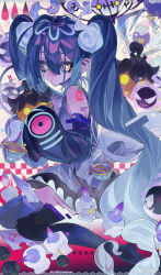 1girl absurdres artist_name bare_shoulders black_footwear black_skirt black_sleeves blue_hair boots candle chandelure commentary cup detached_sleeves drifloon dusk_ball eyelashes fire full_body gastly gen_1_pokemon gen_4_pokemon gen_5_pokemon gen_6_pokemon gen_8_pokemon ghost_miku_(project_voltage) gradient_hair grey_shirt hair_between_eyes hair_ornament hatsune_miku highres holding light_frown litwick long_hair long_sleeves loose_hair_strand miniskirt multicolored_hair nintendo number_tattoo parted_lips poke_ball pokemon pokemon_(creature) project_voltage pumpkaboo purple_fire shirt shoulder_tattoo sinistea sitting skirt sleeveless sleeveless_shirt sleeves_past_fingers sleeves_past_wrists symbol-only_commentary taowu_(20809) tattoo tea teacup teardrop thigh_boots twintails very_long_hair vocaloid watermark wavy_hair weibo_watermark yellow_eyes yokozuwari