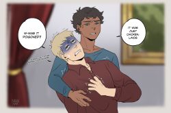 2boys angrynar blonde_hair blue_eyes blue_shirt brown_hair brown_shirt clutching_chest commentary commentary_request dark-skinned_male dark_skin drooling dungeon_meshi english_commentary english_text hand_on_own_chest highres indoors kabru laios_touden long_sleeves looking_at_viewer male_focus mouth_drool multiple_boys painting_(object) parted_lips shirt short_hair sick speech_bubble upper_body very_short_hair