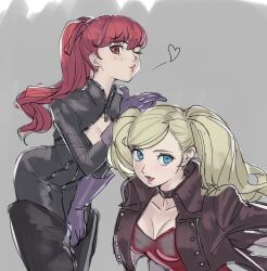 2girls blonde_hair blowing_kiss blue_eyes blush boots breasts choker cleavage cosplay costume_switch cowboy_shot grey_background highres jacket leaning_forward looking_at_viewer medium_breasts multiple_girls one_eye_closed open_clothes open_jacket persona persona_5 poechan_chan red_eyes red_hair simple_background sketch skin_tight small_breasts takamaki_anne thigh_boots upper_body yoshizawa_kasumi