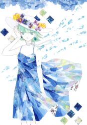 Rule 34 | 1girl, 922pochan, abstract, aqua eyes, aqua hair, arm up, bare arms, bare shoulders, blue dress, blue flower, blunt bangs, choker, commentary, cowboy shot, dress, earrings, expressionless, floral print dress, flower, hair between eyes, hat, hat flower, highres, jewelry, jitome, looking at viewer, masking tape (medium), medium dress, original, parted lips, print dress, purple flower, ribbon, ribbon choker, short hair, sleeveless, sleeveless dress, solo, sun hat, sundress, traditional media, two-sided dress, two-sided fabric, unconventional media, white background, white dress, white hat, white ribbon, yellow flower