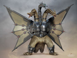 3d alien alternate_form amputee armor conjoined cyborg dope_pope dragon giant giant_monster godzilla_(series) godzilla_vs._king_ghidorah green_eyes hydra kaiju king_ghidorah mecha mecha-king_ghidorah monster multiple_heads multiple_tails prosthesis prosthetic_head prosthetic_wing red_eyes robot solar_panel solar_panel_wings tail toho wings