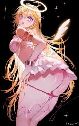 1girl 316_lp absurdres angel angel_wings armlet ass bare_shoulders blonde_hair blue_eyes bracelet bridal_gauntlets crop_top frilled_skirt frills halo highres jewelry panties panty_&amp;_stocking_with_garterbelt panty_(psg) panty_pull red_nails ring skirt underwear wings