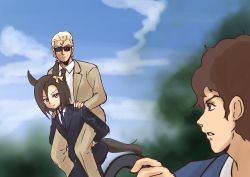 1girl 2boys air_groove_(umamusume) amuro_ray animal_ears blonde_hair blue_sky bow brown_hair char&#039;s_counterattack char_aznable crossover ear_bow formal_clothes gundam highres horse_ears horse_girl horse_tail imasogari multiple_boys necktie parody scene_reference short_hair sky suit sunglasses tail umamusume