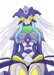 1girl armor armored_boots blue_eyes blush blushing_female boots breasts bug butterfly butterfly_wings crossed_legs digimon digimon_(creature) fur_collar gloves helmet hudiemon insect insect_wings leotard long_hair looking_at_viewer looking_down medium_breasts open_mouth ph6xeivbgpimggg shoulder_armor skirt tinted_eyewear wings yellow-tinted_eyewear