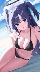 1girl absurdres armpit_crease bare_shoulders beach beach_mat bikini black_bikini black_halo blue_archive blue_eyes blue_sky blush breasts cleavage cloud collarbone commentary day dutch_angle hair_between_eyes hair_ornament halo hand_on_own_chest hand_up highres large_breasts long_hair looking_at_viewer lying mechanical_halo mountainous_horizon navel ocean on_ground on_side open_mouth outdoors purple_hair red_pupils sei_(0724sei6) sidelocks sky solo stomach sunlight swimsuit thighs triangle_hair_ornament two_side_up very_long_hair wet yuuka_(blue_archive)