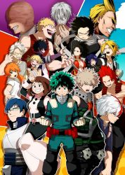 10s 5girls 6+boys absurdres age_difference all_might bakugou_katsuki bald belt black_eyes black_hair blonde_hair blue_hair blunt_bangs blush bodysuit boku_no_hero_academia boots breasts brown_eyes brown_hair cardigan clenched_hands clenched_teeth closed_mouth dabi_(boku_no_hero_academia) determined double_bun aizawa_shota excited facial_hair facial_mark facing_another facing_viewer fangs glasses green_eyes green_hair grin hair_bun hand_up high_ponytail highres iida_tenya jacket jiro_kyoka kaminari_denki kendou_itsuka kirishima_eijirou knife komiya_harumoto large_breasts long_hair looking_at_another looking_at_viewer looking_to_the_side matching_hair/eyes medium_breasts midoriya_izuku multicolored_hair multiple_boys multiple_girls muscular_(boku_no_hero_academia) no_bra open_mouth orange_hair ponytail purple_hair red_eyes red_hair scar school_uniform serafuku serious shaded_face shigaraki_tomura shirt short_hair short_sleeves side_ponytail smile spiked_hair standing superhero_costume t-shirt tattoo teacher_and_student teardrop_tattoo teeth tetsutetsu_tetsutetsu todoroki_shouto toga_himiko tongue two-tone_hair uraraka_ochako weapon white_hair white_shirt yagi_toshinori yaoyorozu_momo