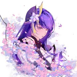 1girl absurdres armor blunt_bangs branch bridal_gauntlets cherry_blossoms chinese_commentary clothing_cutout fan_hair_ornament flower_ornament genshin_impact hair_ornament highres japanese_clothes kimono long_hair looking_down looking_to_the_side mitsudomoe_(shape) mole mole_under_eye neck_ribbon off_shoulder parted_lips purple_eyes purple_hair purple_kimono raiden_shogun red_ribbon ribbon shade shoulder_armor shoulder_cutout solo tomoe_(symbol) upper_body white_background xinjinjumin809203425022