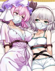 2girls absurdres bdsm bondage bound cloth_gag gag gagged highres improvised_gag kikoka_(mizuumi) konpaku_youmu lying multiple_girls over_the_nose_gag pink_eyes pink_hair rope saigyouji_yuyuko short_hair tagme touhou triangular_headpiece