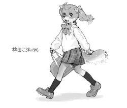 1girl bag body_fur dog_girl full_body furry furry_female greyscale holding holding_bag kikurage_(crayon_arts) kneehighs looking_at_viewer monochrome original school_uniform simple_background skirt socks solo sweater tail translation_request twintails walking white_background