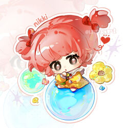 1girl :o aged_down blue_flower blunt_bangs bow bowtie brooch brown_eyes bubble character_name chibi child dress eyelashes flower flower_brooch frilled_sailor_collar frills hair_bow hair_intakes head_tilt heart highres jewelry light_blush long_dress long_sleeves nikki_(nikki) nikki_(series) notice_lines on_bubble open_mouth outline pink_hair puffy_long_sleeves puffy_sleeves red_bow red_bowtie sailor_collar shining_nikki short_hair short_twintails sitting solo surprised tareme twintails watermark white_background white_outline white_sailor_collar yellow_dress yellow_flower yiliwa young_nikki_(shining_nikki) zoom_layer