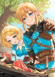 1boy 1girl belt black_cape blonde_hair blue_eyes blue_shirt blue_sky blue_tunic braid breasts brown_belt brown_gloves cape champion&#039;s_tunic_(zelda) closed_mouth commentary_request crown_braid day earrings fingerless_gloves food gloves gold_trim green_eyes highres jewelry korean_commentary layered_sleeves link long_sleeves manggwi55 meat medium_breasts mushroom nintendo open_mouth outdoors ponytail princess_zelda shirt short_hair short_over_long_sleeves short_ponytail short_sleeves sidelocks sky smile the_legend_of_zelda the_legend_of_zelda:_tears_of_the_kingdom tree tunic
