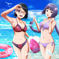 2girls age_difference ball bare_arms bare_legs bare_shoulders beachball bikini black_hair borusumi boruto:_naruto_next_generations braid breasts female_focus floater highres kakei_sumire light_particles long_hair multiple_girls naruto naruto_(series) ocean official_art official_style one_eye_closed outdoors purple_hair side-tie_bikini_bottom small_but_busty soaked swimsuit thighs uchiha_sarada very_long_hair wet