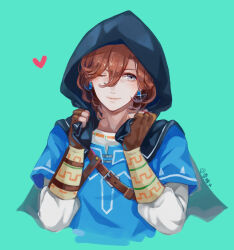 1boy ;) arm_guards black_capelet blue_tunic brown_gloves brown_hair capelet cosplay curtained_hair earrings fingerless_gloves glint gloves green_background grey_eyes hair_between_eyes hands_up heart highres hood hood_up jewelry kotobuki_reiji layered_sleeves light_blush link link_(cosplay) long_sleeves looking_at_viewer male_focus nintendo one_eye_closed shirt short_hair short_over_long_sleeves short_sleeves simple_background smile solo the_legend_of_zelda the_legend_of_zelda:_breath_of_the_wild tunic upper_body uta_no_prince-sama white_shirt xue_ezi