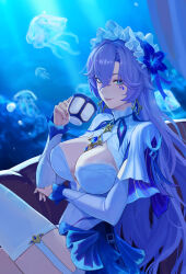 Rule 34 | 1girl, ahong, arm under breasts, blue flower, breasts, cantarella (wuthering waves), commentary request, cup, dress, earrings, facial mark, flower, garter straps, hair between eyes, hair flower, hair ornament, headdress, highres, holding, holding cup, jellyfish, jewelry, large breasts, long hair, looking at viewer, mark under eye, parted lips, purple hair, shrug (clothing), single thighhigh, smile, solo, teacup, thighhighs, thighs, very long hair, white dress, white garter straps, white shrug, wuthering waves