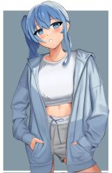 1girl blue_eyes blue_hair drawstring hands_in_pockets highres hololive hood hood_down hoodie hoshimachi_suisei jacket meruru1247 midriff_peek open_clothes open_jacket shorts simple_background solo stomach tagme virtual_youtuber