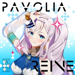 Rule 34 | 1girl, blue eyes, earrings, hololive, hololive indonesia, jewelry, necklace, pavolia reine, victory pose, virtual youtuber, white hair