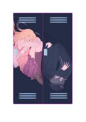 1boy 1girl akamatsu_kaede bag black_footwear black_hair black_hat black_jacket black_pants blonde_hair brown_footwear closed_eyes danganronpa_(series) danganronpa_v3:_killing_harmony fox_(770205490) full_body hat highres jacket knees_up long_hair long_sleeves miniskirt pants pink_skirt pink_vest purple_socks saihara_shuichi shirt short_hair skirt socks vest white_shirt