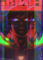 Rule 34 | 1girl, absurdres, aurahack, blue eyes, chromatic aberration, collarbone, colored sclera, commentary, cyberpunk, distortion, english commentary, english text, glowing, glowing eyes, highres, horror (theme), original, paid reward available, patreon username, red sclera, short hair, solo, symbol-shaped pupils, teeth, upper body, vell (aurahack), watermark, web address