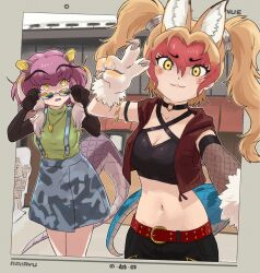 2girls absurdres animal_ears belt brown_hair choker claws elbow_gloves extra_ears gloves grey_hair highres hood hoodie jewelry kemono_friends long_hair looking_at_viewer multicolored_hair multiple_girls navel necklace nue_(kemono_friends) purple_hair rairyu_(kemono_friends) red_hair shorts skirt sunglasses suspenders sweater tail toriny twintails two-tone_hair v yellow_eyes