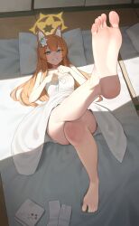 1girl absurdres animal_ears aqua_eyes bare_legs bare_shoulders barefoot blue_archive breasts double-parted_bangs dress feet flower foot_focus foreshortening from_above full_body futon hair_flower hair_ornament halo highres indoors jueun2817 knees_together_feet_apart leg_up legs long_hair looking_at_viewer lying mari_(blue_archive) on_back on_bed on_ground orange_hair pillow shadow sleeveless sleeveless_dress small_breasts smile socks soles solo tatami toenails toes unworn_socks white_dress white_flower