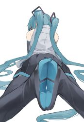 1girl aqua_eyes aqua_hair black_skirt black_thighhighs collared_shirt detached_sleeves hair_ornament hatsune_miku highres knees_apart_feet_together long_hair long_sleeves looking_at_viewer looking_back lying on_stomach pleated_skirt pocche-ex shirt simple_background skirt sleeveless sleeveless_shirt solo thighhighs twintails very_long_hair vocaloid white_background white_shirt