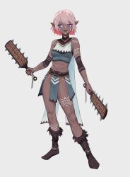 1girl :d abs absurdres arm_markings arm_tattoo armpit_crease arms_at_sides bare_shoulders belt belt_around_waist belt_chain blue_cape blue_eyes blue_shirt body_markings bodypaint boots breasts brown_belt brown_collar brown_sleeves brown_trim cape chevron_(symbol) club club_(weapon) collar commentary contrapposto crop_top dark-skinned_female dark_skin dot_nose double-parted_bangs dual_wielding earrings elbow_sleeve english_commentary eyebrows_hidden_by_hair facepaint facial_mark facial_tattoo fangs full_body fur_boots gold_earrings gold_trim grin groin hair_intakes half-closed_eyes high_collar highres holding holding_club holding_paddle holding_weapon invisible_floor jewelry leg_tattoo legs_apart loincloth long_eyelashes long_legs looking_to_the_side medium_breasts midriff multiple_earrings open_mouth original paddle pelvic_curtain pink_hair pointy_ears raised_eyebrows shirt short_hair shoulder_tattoo sidelocks simple_background sleeveless sleeveless_shirt smile solo spiked_club standing tassel tattoo teeth thick_eyelashes thighs toned toned_female triangle_print tribal tribal_tattoo turtleneck two-tone_shirt upper_teeth_only usekh_collar vertigris weapon white_background white_shirt
