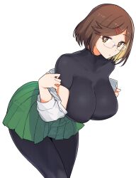 1girl black_pantyhose black_undershirt breasts bright_pupils brown_eyes brown_hair commentary_request cowboy_shot expressionless glasses green_skirt highres koga_konoha large_breasts leaning_forward looking_at_viewer madsensei ninja_to_koroshiya_no_futarigurashi pantyhose pleated_skirt school_uniform shirt short_hair simple_background skirt solo tight_clothes tight_shirt undressing white_background white_pupils white_shirt