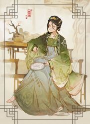 1girl 2021 avatar:_the_last_airbender avatar_legends barefoot black_hair blind bracelet closed_mouth crossed_legs dress fan green_dress green_eyes hair_ornament highres jewelry no_pupils pale_skin plant potted_plant smile toph_beifong velinxi