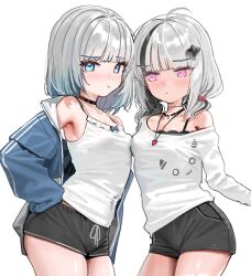 2girls armpits asumi_sena asumi_sena_(5th_costume) asymmetrical_docking bare_shoulders black_choker black_hair black_shorts blue_jacket breast_press breasts camisole choker closed_mouth commentary_request covered_navel grey_hair hand_on_own_hip jacket jewelry kaga_sumire kaga_sumire_(6th_costume) kanzarin looking_at_another looking_at_viewer looking_to_the_side low_twintails multicolored_hair multiple_girls necklace off_shoulder official_alternate_costume official_alternate_hairstyle open_clothes open_jacket pout shirt short_hair short_shorts short_twintails shorts simple_background single_off_shoulder sleeves_past_fingers sleeves_past_wrists small_breasts streaked_hair twintails virtual_youtuber vspo! white_background white_camisole white_shirt