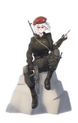 absurdres albino ammunition_pouch belt beret black_gloves boots cargo_pants chevron_(symbol) clenched_hand combat_boots commission commissioner_upload concealed_weapon cyrillic dagger dragunov_svd facial_scar fingerless_gloves fluffkaiser gloves gun hat hidden_blade_(assassin&#039;s_creed) highres holding holding_gun holding_weapon knee_pads knife medium_hair military_fatigues military_uniform name_tag non-web_source original pants patch pouch red_eyes rifle rock russo-ukrainian_war scar scar_on_cheek scar_on_face scorpions_(paramilitary) serbia serbian_black_hand serbian_flag sheath sheathed sitting skorpion_vz._61 sniper_rifle soldier submachine_gun suppressor weapon white_hair zarya_petrovic zastava_m76