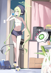 1girl animal_slippers bag bikini black_tail blue_archive blue_shorts blush breasts commentary_request demon_girl demon_tail drink drinking full_body green_hair green_halo grocery_bag halo highres holding holding_drink houraku indoors loli long_hair milk_carton nozomi_(blue_archive) plastic_bag pointy_ears shopping_bag short_shorts shorts slippers small_breasts solo standing swimsuit tail towel towel_on_head twintails unworn_clothes very_long_hair walking white_bikini yellow_eyes