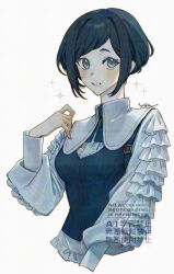 1girl adversarial_noise breasts center_frills collared_shirt commentary_request cropped_torso frilled_shirt frilled_sleeves frills fukurai_azami hand_up limited_palette long_sleeves looking_at_viewer medium_breasts outline puffy_long_sleeves puffy_sleeves shirt short_hair signature smile solo sumibiya_yasain toshi_densetsu_kaitai_center upper_body white_background