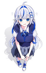 1girl @_@ absurdres ahoge aokumo_rin blue_hair blue_ribbon blue_shoes chaum collared_shirt flying_sweatdrops from_above full_body grey_background grey_hair highres long_hair neck_ribbon nervous_sweating parted_lips ribbon school_uniform shadow shirt shoes short_sleeves simple_background skirt socks standing stellive sweat virtual_youtuber white_socks