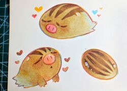 :&lt; boar closed_eyes gen_2_pokemon heart multiple_views nintendo no_humans numbers_(pigpenandpaper) parted_lips photo_(medium) pokemon pokemon_(creature) swinub traditional_media triangle_mouth white_background