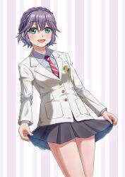1girl black_skirt blazer blue_shirt blush braid collared_shirt cowboy_shot diagonal-striped_clothes diagonal-striped_necktie dutch_angle green_eyes hair_between_eyes half_up_braid highres jacket kakkou_no_iinazuke long_sleeves looking_at_viewer manato miniskirt necktie open_mouth pleated_skirt purple_hair red_necktie school_emblem school_uniform segawa_hiro shirt short_hair skirt skirt_hold smile standing striped_background striped_clothes vertical-striped_background white_jacket