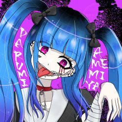 1girl amemiya_darumi bandaged_arm bandages black_background black_hair blood bloody_tears blue_hair character_name collar collarbone eyelashes face_piercing female_focus hand_up heart highres last_defense_academy_school_uniform lip_piercing looking_at_viewer multicolored_hair open_mouth piercing pink_background safety_pin simple_background solo solo_focus teeth the_hundred_line_-last_defense_academy- tongue tongue_out twintails upper_body