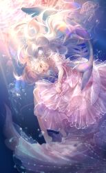1girl air_bubble artist_request bare_legs barefoot bubble circlet dappled_sunlight detached_sleeves dolphin dorea_(shining_nikki) dress fish floating floating_clothes floating_hair frilled_dress frilled_hairband frilled_sleeves frills full_body game_cg grey_hair hairband highres jellyfish leaning_forward light_particles long_hair looking_at_viewer medium_dress nikki_(series) official_art open_mouth pink_dress shell_hair_ornament shining_nikki smile solo sound_of_the_conch_(shining_nikki) strapless strapless_dress sunlight sunset train_(clothing) underwater very_long_hair white_hairband white_sleeves white_wrist_cuffs wrist_cuffs yellow_eyes