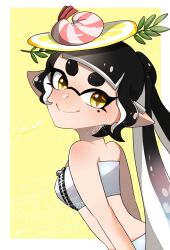 Rule 34 | 1girl, black hair, border, callie (splatoon), callie (summer nights) (splatoon), closed mouth, commentary request, eyelashes, food, food on head, highres, inkling, long hair, looking at viewer, mole, mole under eye, nintendo, object on head, official alternate costume, ohagi illust, outside border, pointy ears, short eyebrows, sidelocks, signature, smile, solo, splatoon (series), splatoon 3, star-shaped pupils, star (symbol), strapless, symbol-shaped pupils, tentacle hair, thick eyebrows, tube top, watermark, white border, white tube top, yellow background, zipper, zipper pull tab