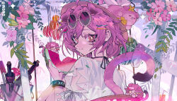 Rule 34 | 1girl, absurdres, ahoge, animal ears, arknights, barrel, bottle, cat, commentary, eating, eyewear on head, flower, food, fruit, goldenglow (arknights), goldenglow (summer flowers) (arknights), hair ornament, hat, highres, looking at viewer, looking back, orange eyes, pink hair, sunglasses, symbol-only commentary, tail, taowu (20809), watermelon