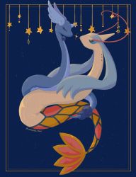 animal_focus artist_name black_eyes blue_background blue_border blue_gemstone blue_hair blue_sclera blue_theme border bright_pupils closed_eyes colored_sclera dragonair facing_another from_side gem gen_1_pokemon gen_3_pokemon head_wings highres lemonade_kokoi long_hair looking_at_another milotic nintendo no_humans outside_border pokemon pokemon_(creature) signature star_(symbol) twitter_username u_u white_pupils wings