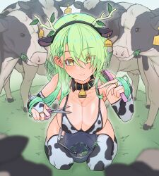 1girl animal animal_ears animal_print antlers bare_shoulders bell bikini black_bikini blush braid braided_bangs branch breasts bucket ceres_fauna cleavage collarbone comb cow cow_ears cow_girl cow_horns cow_print cow_print_bikini cowbell ear_tag gloves grass green_hair highres hololive hololive_english horns kneeling large_breasts long_hair looking_at_viewer mole mole_under_eye moral_cacoethes multicolored_hair neck_bell on_grass print_bikini print_gloves print_thighhighs scissors smile solo streaked_hair swimsuit thighhighs virtual_youtuber white_bikini yellow_eyes