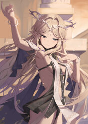 1girl absurdres arm_up bare_shoulders black_collar black_dress blonde_hair blue_eyes breast_curtains breasts cartethyia_(wuthering_waves) cleavage closed_mouth collar commentary cowboy_shot crown_of_thorns dress earrings grey_eyes hand_up highres jewelry karadborg long_hair looking_at_viewer medium_breasts parted_bangs pointy_ears sidelocks smile solo tacet_mark_(wuthering_waves) very_long_hair wuthering_waves