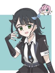Rule 34 | 2girls, :d, ;), anyoji hime, aqua background, black hair, black jacket, black necktie, black skirt, blonde hair, blue eyes, blush, chibi, chibi inset, closed mouth, collared shirt, commentary, earrings, flipped hair, gradient hair, green eyes, hair bun, hair ornament, highres, i do me! (love live!), jacket, jewelry, link! like! love live!, looking at viewer, love live!, mihasu ll, mismatched earrings, momose ginko, multicolored hair, multiple girls, necktie, official alternate costume, one eye closed, open clothes, open jacket, open mouth, pink hair, shirt, short-sleeved jacket, short sleeves, side ponytail, single side bun, skirt, smile, solo focus, split mouth, symbol-only commentary, two side up, virtual youtuber, white shirt, x hair ornament
