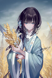 artist_name black_hair blue_eyes blue_robe blue_sky character_request copyright_request highres holding long_sleeves looking_at_viewer mole mole_under_eye outdoors robe sheya signature sky smile solo upper_body wide_sleeves
