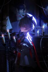 1boy aoiinu0125 black_gloves brown_hair candelabra candle candlestand capelet closed_mouth commentary_request cowboy_shot dahlia_(genshin_impact) frilled_capelet frills from_side genshin_impact gloves glowing glowing_eyes hat highres index_finger_raised indoors long_sleeves male_focus model_ship pink_eyes portrait_(object) shirt short_hair smile solo venti_(archon)_(genshin_impact) venti_(genshin_impact) white_hat white_shirt