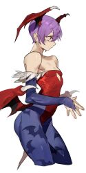 Rule 34 | 1girl, absurdres, animal print, bare shoulders, bat print, bat wings, blue pantyhose, darkstalkers, demon girl, diamond cutout, flat chest, head wings, highleg, highleg leotard, highres, leotard, lilith (darkstalkers), looking ahead, own hands together, p (pm 611a), pantyhose, petite, print pantyhose, purple hair, red eyes, red leotard, short hair, simple background, solo, white background, wings
