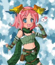 1girl :d belt belt_pouch blue_background blue_eyes blue_wings blush bra_strap breasts brown_belt camouflage camouflage_scarf camouflage_shorts commentary_request cowboy_shot elbow_gloves fake_wings feathered_wings fingerless_gloves gloves gradient_wings green_gloves green_scarf green_shorts green_thighhighs green_tube_top heart looking_at_viewer midriff monou0135 multicolored_wings navel open_mouth orange_wings pink_hair pouch ragnarok_online ranger_(ragnarok_online) scarf short_hair shorts small_breasts smile solo spoken_heart strapless thighhighs tube_top wings
